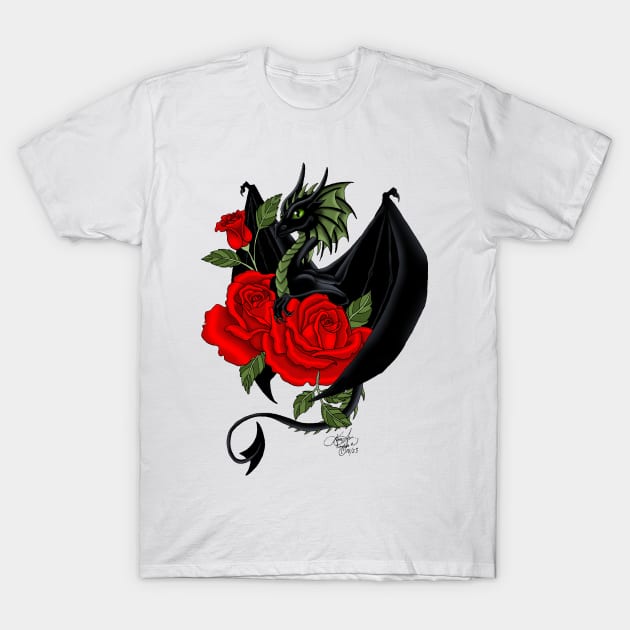 Black Dragon and Roses T-Shirt by tigressdragon